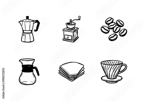 Coffee Brewing Equipment and Roasted Beans Set with Hand-Drawn Inky Brushwork and Painterly Fluidity