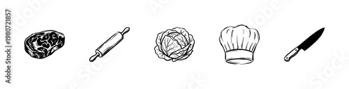 Kitchen Utensils and Cooking Ingredients Set with Hand-Drawn Inky Outlines and Painterly Textured Colors