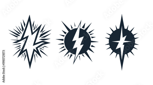 Three stylized, dark blue lightning bolt graphic designs, each with a different burst effect