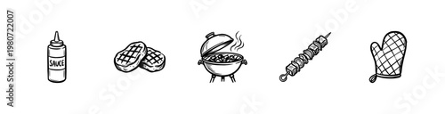 Barbecue Grilling Elements and Summer Cookout Equipment with Inky Hand-Drawn Brushwork and Fluid Calligraphic Strokes