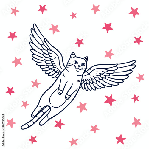 Whimsical Flying Cat Illustration with Stars for Creative Design and Children s Media