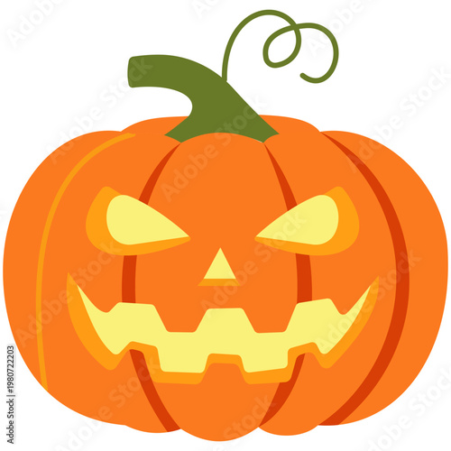 Orange Jack-o'-lantern pumpkin with vine on left, glowing face, Halloween decoration, spooky party.