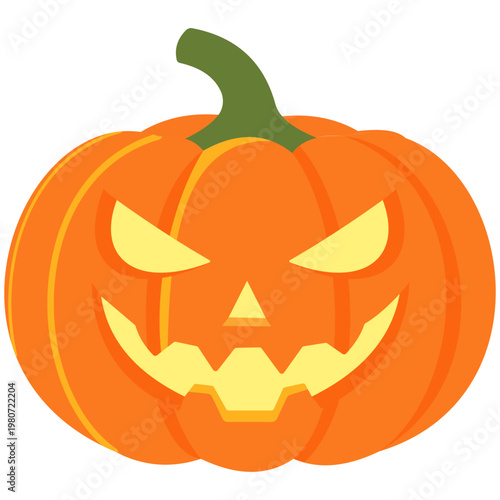 Scary orange Jack-o'-lantern pumpkin with glowing face, Halloween decoration, spooky party, festive holiday.