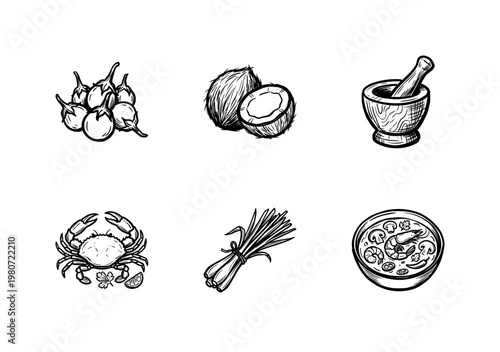 Thai Cuisine Ingredients and Traditional Asian Food Elements with Hand-Drawn Inky Brushwork and Calligraphic Fluid Ink Strokes