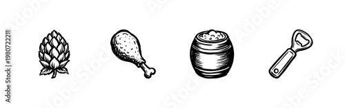 Pub and Brewery Elements with Craft Beer Glass and Snacks in Inky Hand-Drawn Brushwork Style