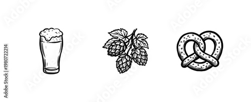 Pub and Brewery Elements with Beer Mugs, Hops, and Seafood in Hand-Drawn Engraved Ink Style