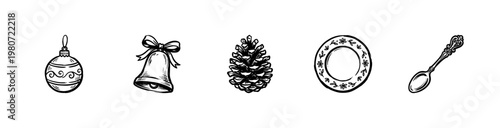 Christmas Holiday Dinnerware and Festive Decorations with Hand-Drawn Ink Brush Strokes and Vintage Engraving Style