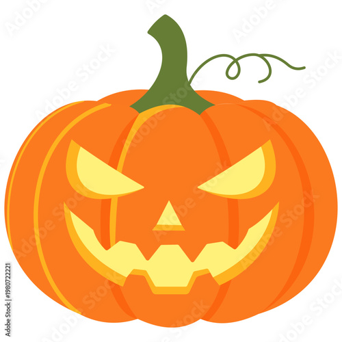 Orange Jack-o'-lantern pumpkin with vine on right, glowing face, Halloween decoration, spooky party.