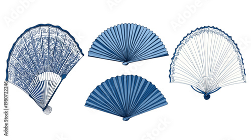 Four hand fans of varying designs in shades of blue. White background, vector illustration, close up