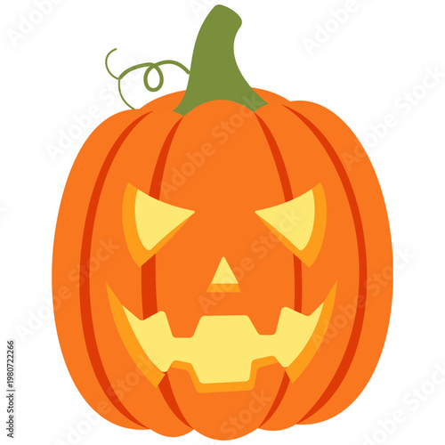 Orange Jack-o'-lantern pumpkin with vine, glowing face, Halloween decoration, spooky party, festive holiday.