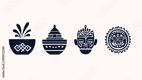 Four stylized illustrations, black on cream, including a bowl, a pagoda, a face, and a sun