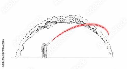 Person directs bright red energy beam at an abstract, cloud-like structure