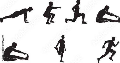 Fitness Exercise Silhouettes Set – Running, Squats, Lunges, and Stretching Icons for Workout and Training