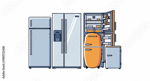A collection of various modern and retro refrigerators, some open showing contents