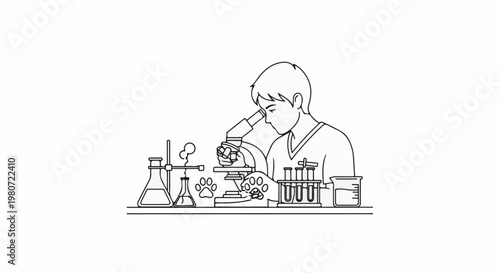 Person observing animal paw prints under a microscope with lab equipment