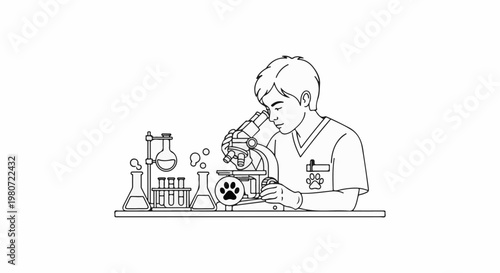 A person in medical attire uses a microscope in a lab with beakers and test tubes