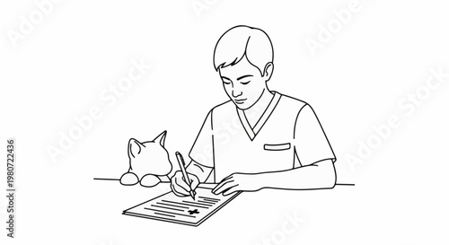 Vet writing on paper next to a cat