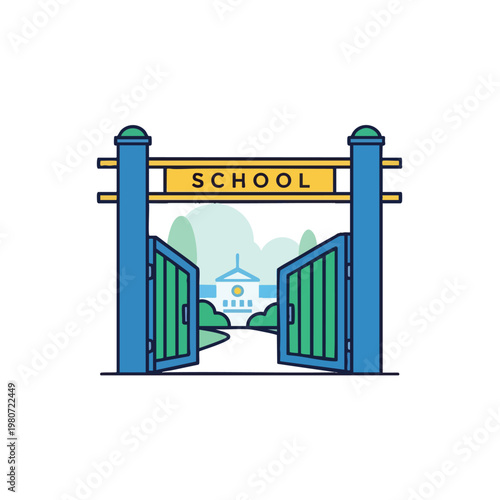Colorful School Gate Entrance with Open Doors and Educational Environment