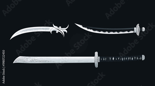 Three pixelated Japanese swords with varying designs, placed on a dark background