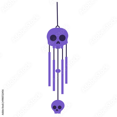 Purple skull wind chime ornament, Halloween decoration, spooky party accessory, festive holiday icon.