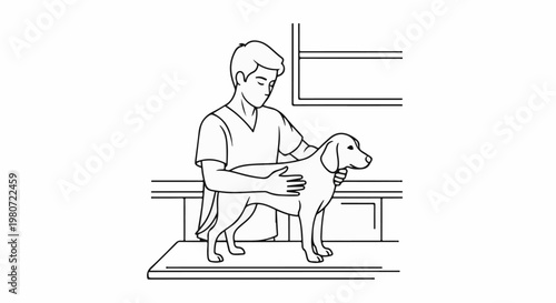Person in scrubs examining a standing dog on a table
