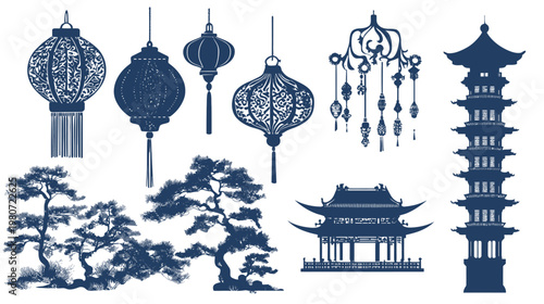 Silhouetted collection in blue, includes lanterns, trees, pagoda, and a decorative structure