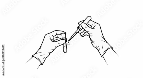 Hands in gloves performing a liquid transfer with a dropper into a test tube