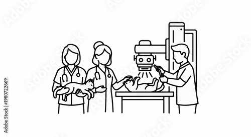 Veterinary team performs X-ray on a cat with another cat nearby