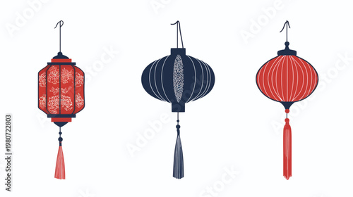 Illustration of three different traditional hanging lanterns with elaborate decorations and tassels