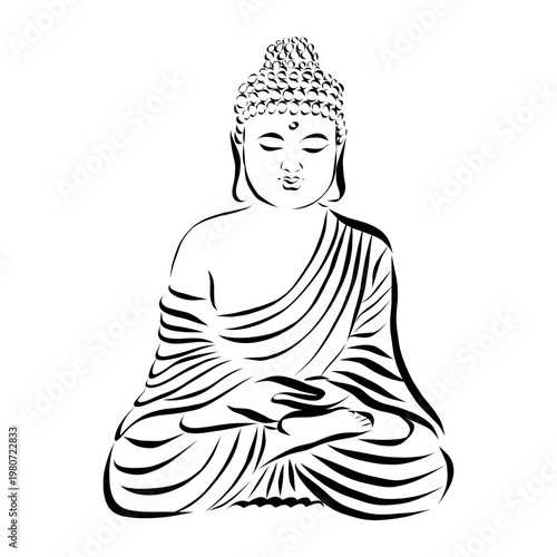 Lord Buddha in meditation pose. Vector black and white illustration of Siddhartha Gautama sitting in lotus position, zen and yoga concept, Mahavir Jayanti celebration icon.
