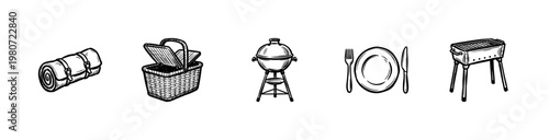 Outdoor Picnic and Summer Barbecue Equipment with Hand-Drawn Inky Brushwork and Fluid Painterly Aesthetic
