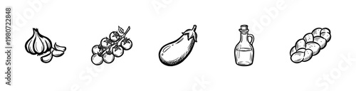 Italian Cuisine and Mediterranean Ingredients with Hand-Drawn Inky Brush Strokes and Organic Painterly Textures