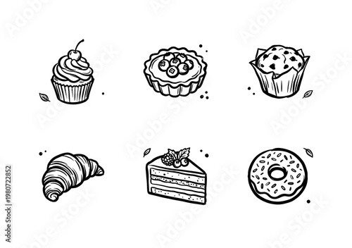 Bakery Pastries and Sweet Dessert Treats with Inky Brush Strokes in Hand-Drawn Painterly Style