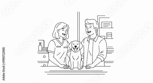 A vet and a man smile happily with a dog between them in a clinic