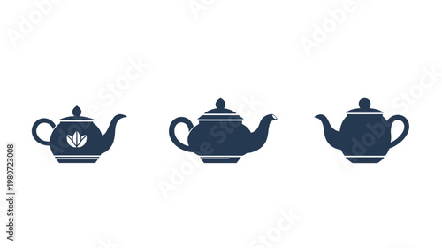 Three minimalist teapots, dark blue on white background, one with a leaf design
