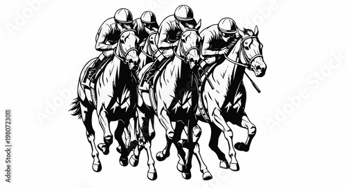 Five jockeys and horses race neck and neck in a dynamic black and white illustration