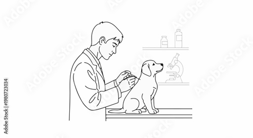 Veterinarian giving injection to a puppy on examination table with lab equipment