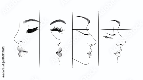 A collection of four black and white illustrations of a woman's profile, each with different styles
