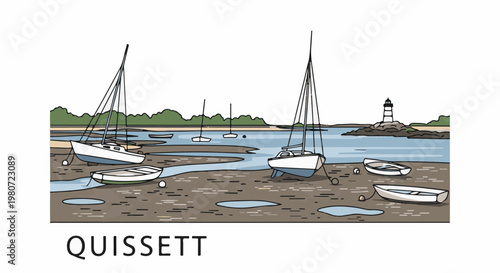 Sailboats at low tide near a rocky shore with a lighthouse