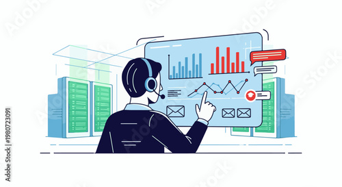 Person in headset analyzes data on screen amidst server racks