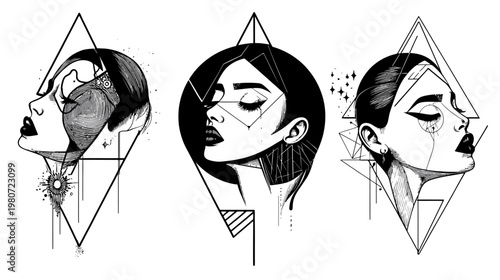 Three stylized female portraits, rendered in black and white with geometric shapes and fine details