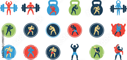 Colorful Fitness and Weightlifting Icon Set with Athletes, Kettlebells, Barbells, Strength Training Exercises, Gym Activities, and Bodybuilding Silhouette Designs.