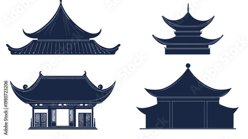 A collection of four stylized illustrations of traditional Asian architectural structures against white