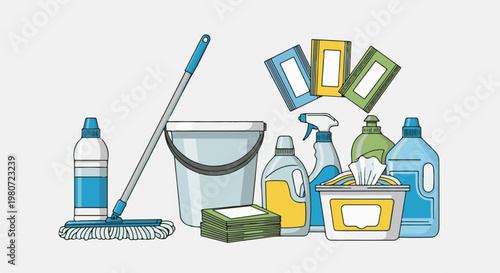 A collection of cleaning supplies, including a mop, bucket, and various bottles