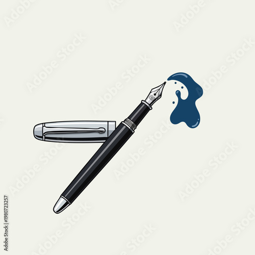 Elegant Fountain Pen with Ink Spill on Smooth Surface for Writing and Office Supplies