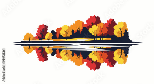 Autumn trees reflected in dark water with a lone bear silhouette near the bank