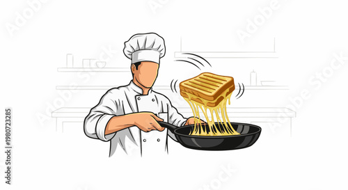 A chef prepares a grilled cheese sandwich with dripping cheese in a kitchen