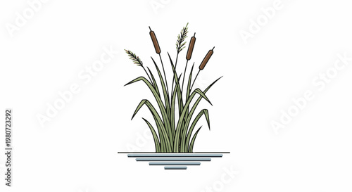 Illustrated cattails with brown seed heads standing in stylized water
