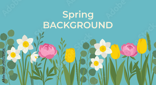 Spring Background Vector Illustration with Peony Tulip and Narcissus Floral Garden on Blue Background
