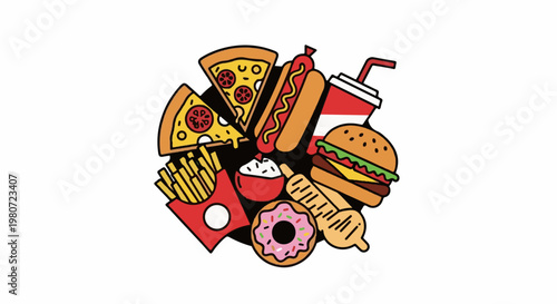 A vibrant collage of popular fast food items arranged in a circular pattern
